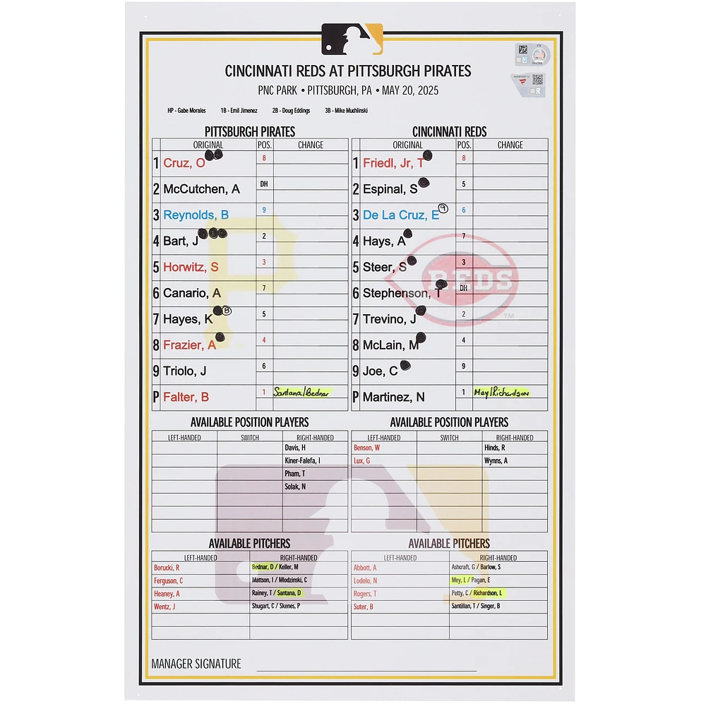 Pittsburgh Pirates Game-Used Lineup Card vs. Cincinnati Reds on May 20, 2025