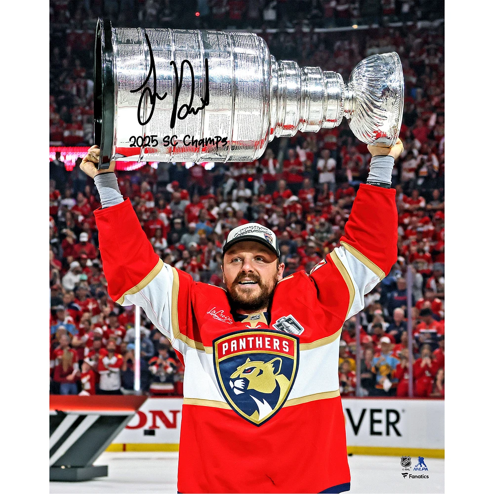 Sam Reinhart Florida Panthers Autographed 2025 Stanley Cup Champions 16" x 20" Raising Cup Photograph with "2025 SC Champs" Inscription