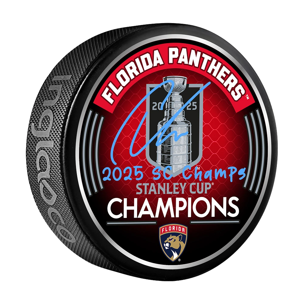 Carter Verhaeghe Florida Panthers Autographed 2025 Stanley Cup Champions Hockey Puck with "2025 SC Champs" Inscription