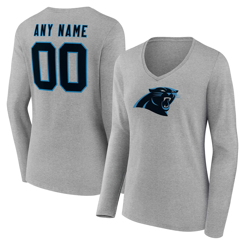 Women's Gray Carolina Panthers Team Authentic Custom Name & Number Long Sleeve V-Neck T-Shirt
