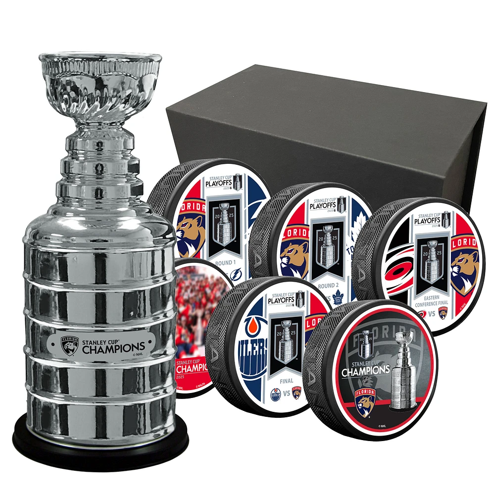 Florida Panthers 2025 Stanley Cup Champions 8" Replica Stanley Cup & 6 Puck Pack