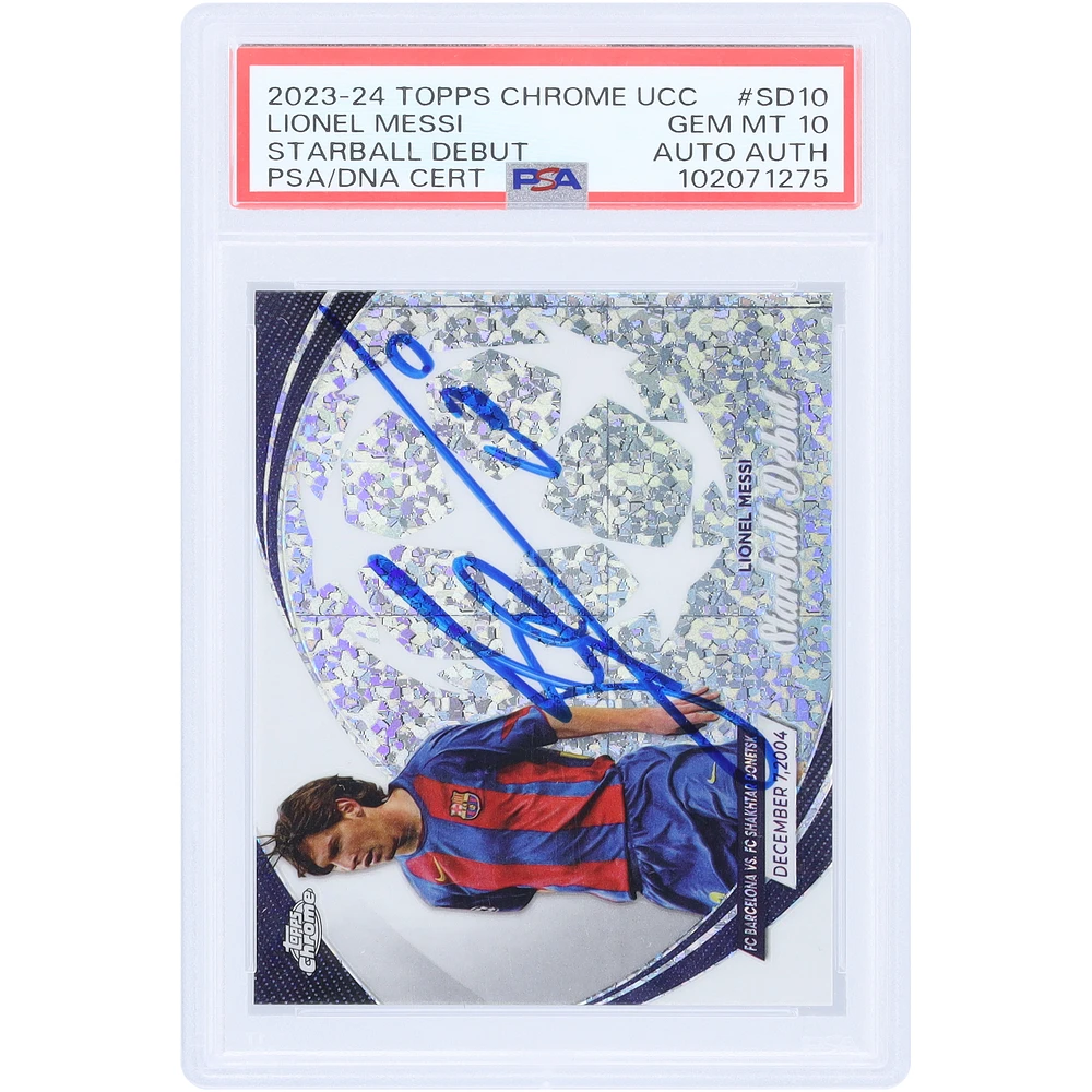 Lionel Messi Barcelona Autographed 2023-24 Topps Chrome UCC Starball Debut #SD-10 PSA Authenticated GEM MT 10 Card