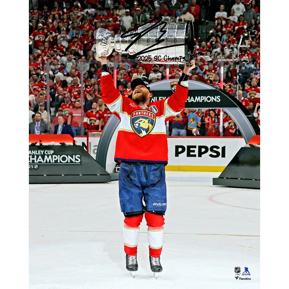 Sam Bennett Florida Panthers Autographed 2025 Stanley Cup Champions 16" x 20" Raising Cup Photograph with "2025 SC Champs" Inscription