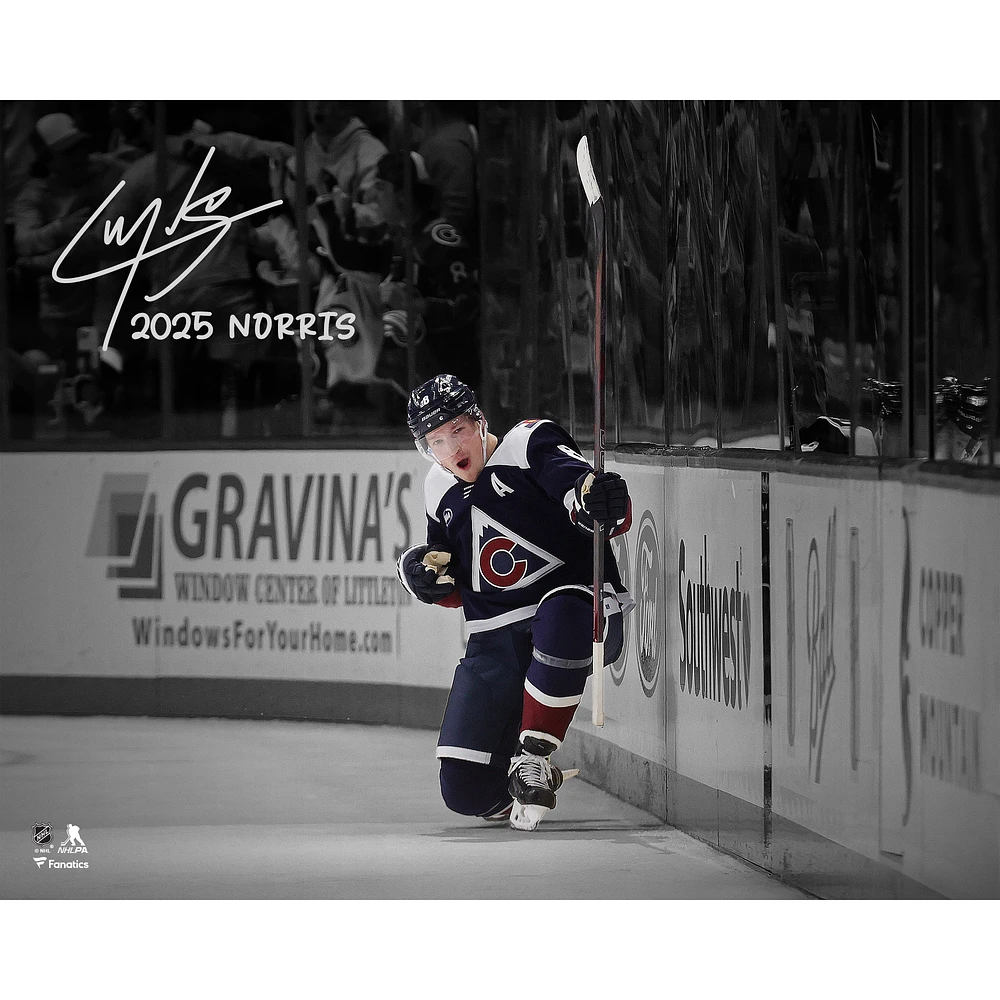 Cale Makar Colorado Avalanche Autographed 16" x 20" Navy Jersey Celebration Spotlight Photograph with "2025 Norris" Inscription