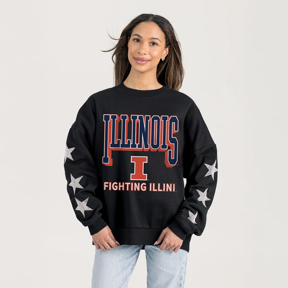 Women's Gameday Couture Black Illinois Fighting Illini Pure Victory Relaxed Rhinestone Pullover Sweatshirt