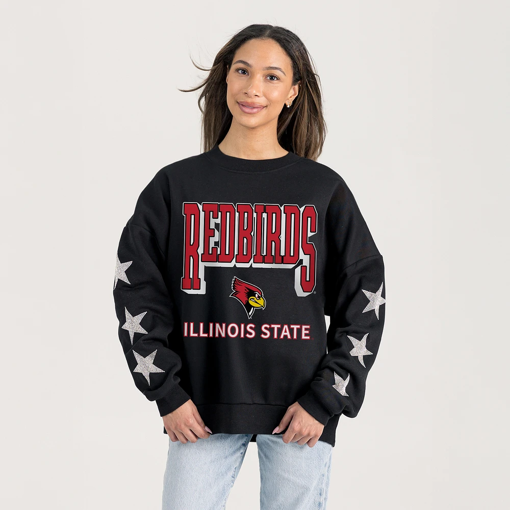 Women's Gameday Couture Black Illinois State Redbirds Pure Victory Relaxed Rhinestone Pullover Sweatshirt