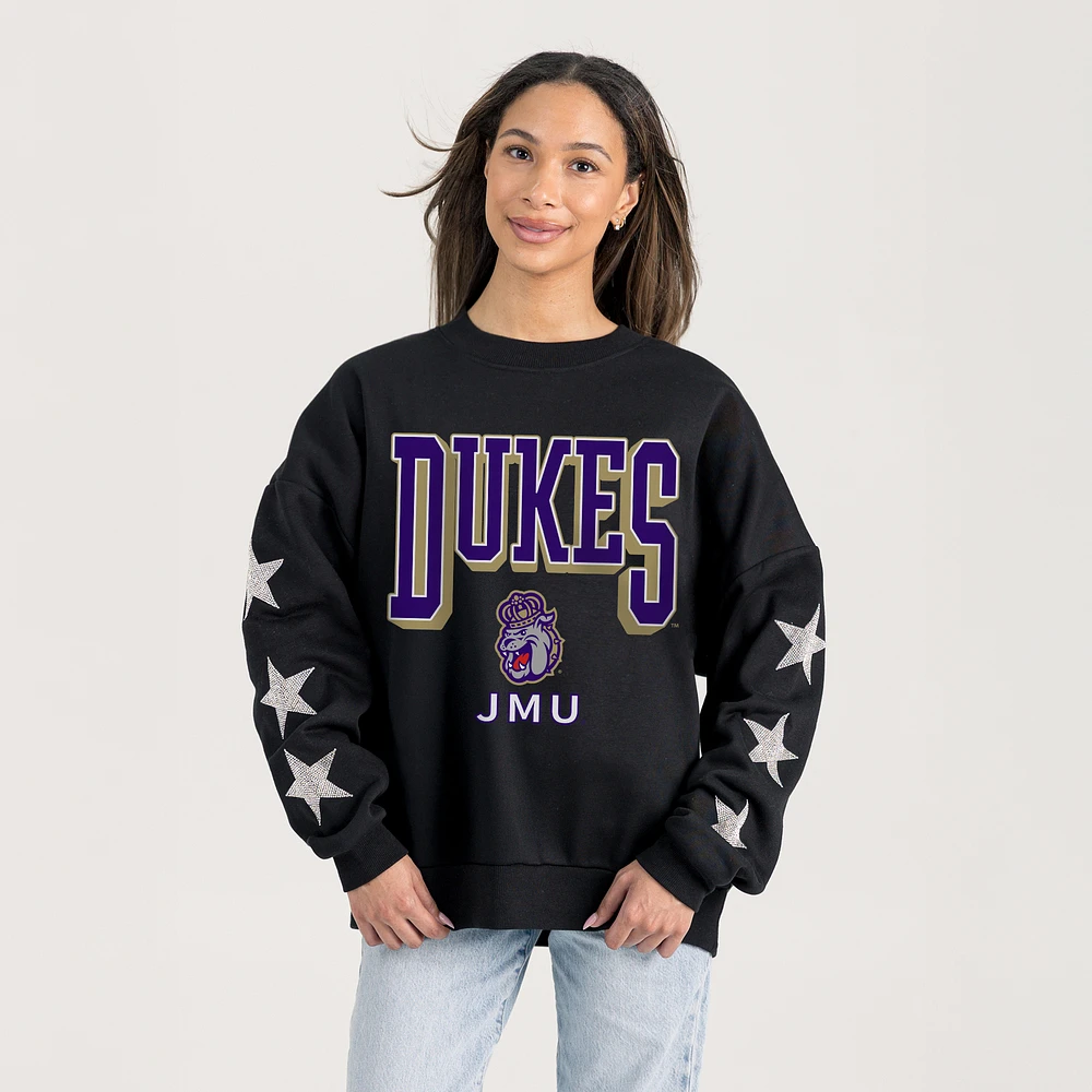 Women's Gameday Couture Black James Madison Dukes Pure Victory Relaxed Rhinestone Pullover Sweatshirt