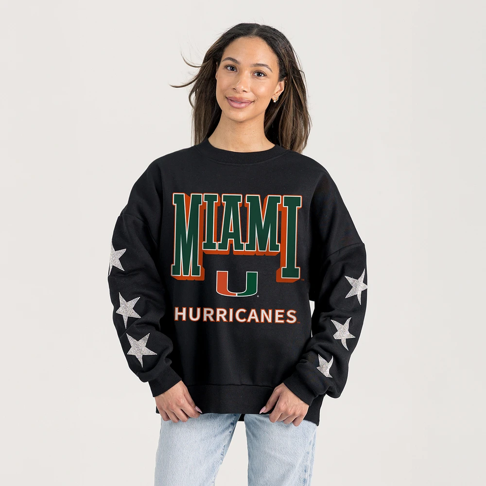 Women's Gameday Couture Black Miami Hurricanes Pure Victory Relaxed Rhinestone Pullover Sweatshirt