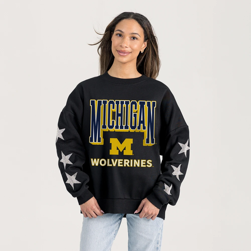 Women's Gameday Couture Black Michigan Wolverines Pure Victory Relaxed Rhinestone Pullover Sweatshirt