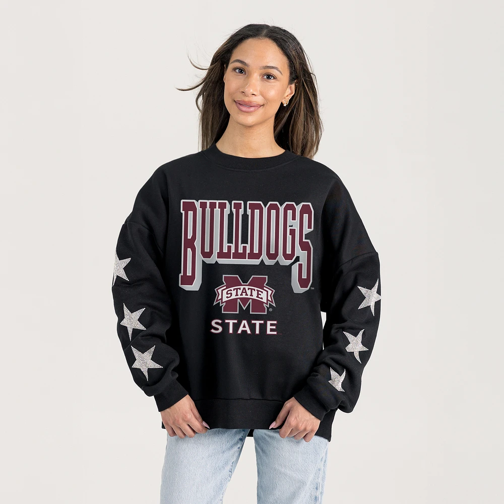 Women's Gameday Couture Black Mississippi State Bulldogs Pure Victory Relaxed Rhinestone Pullover Sweatshirt
