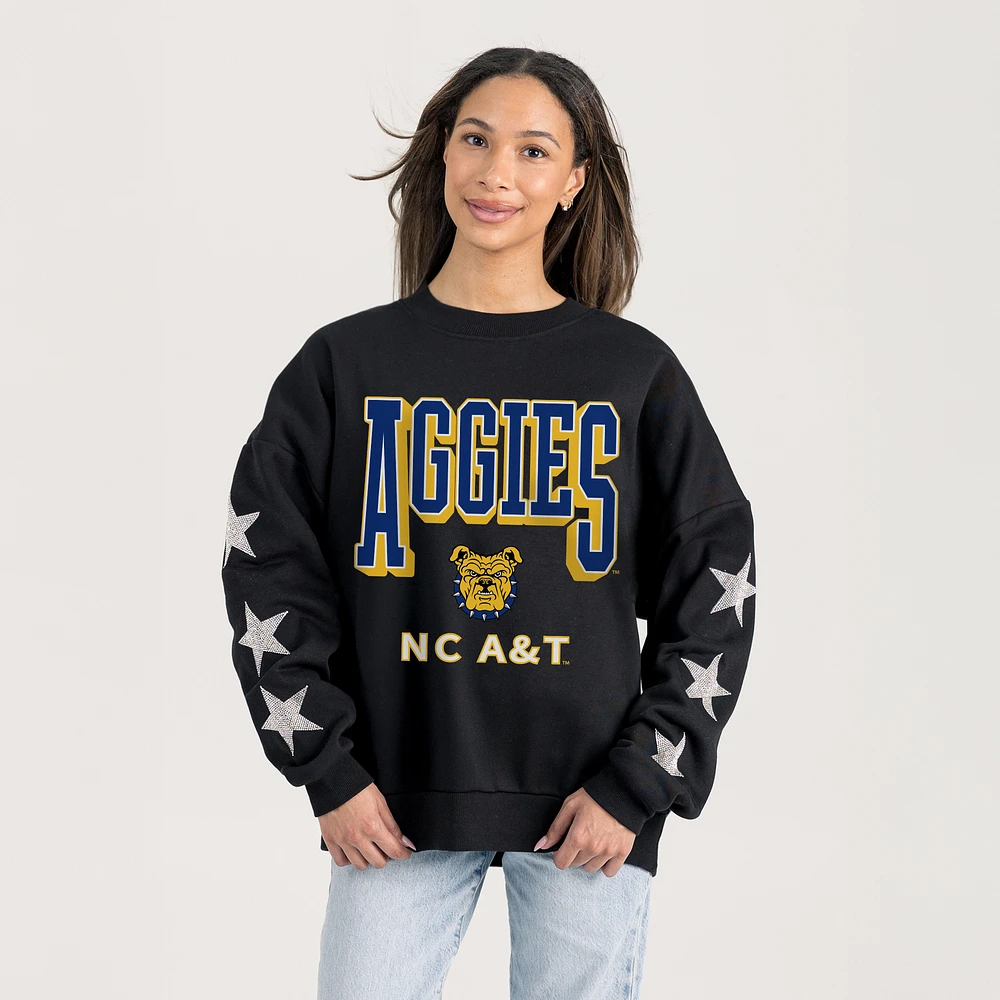 Women's Gameday Couture Black North Carolina A&T Aggies Pure Victory Relaxed Rhinestone Pullover Sweatshirt