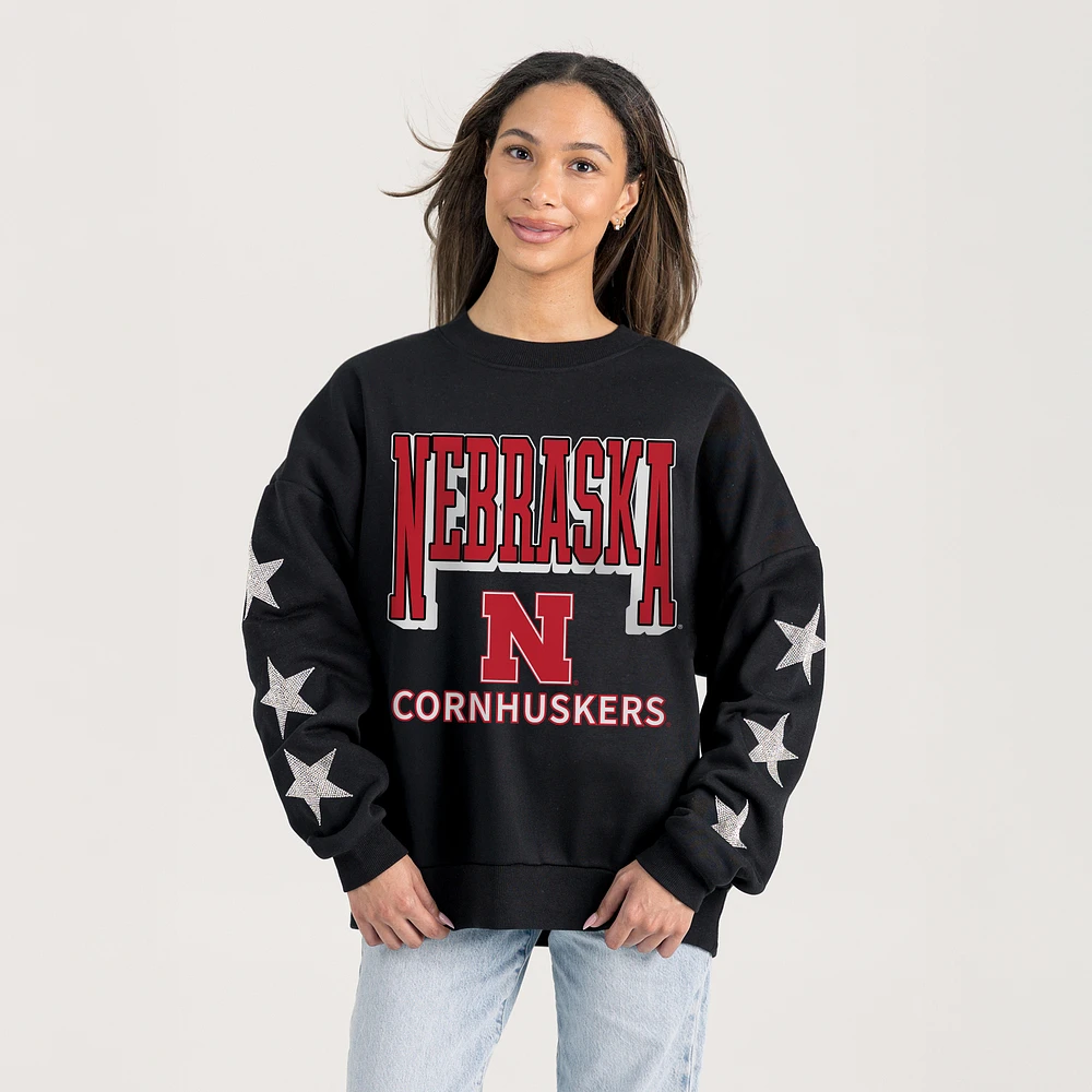 Women's Gameday Couture Black Nebraska Huskers Pure Victory Relaxed Rhinestone Pullover Sweatshirt