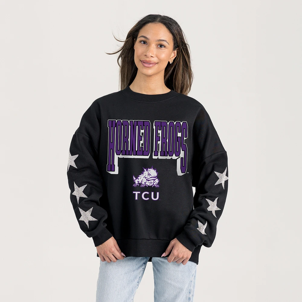 Women's Gameday Couture Black TCU Horned Frogs Pure Victory Relaxed Rhinestone Pullover Sweatshirt