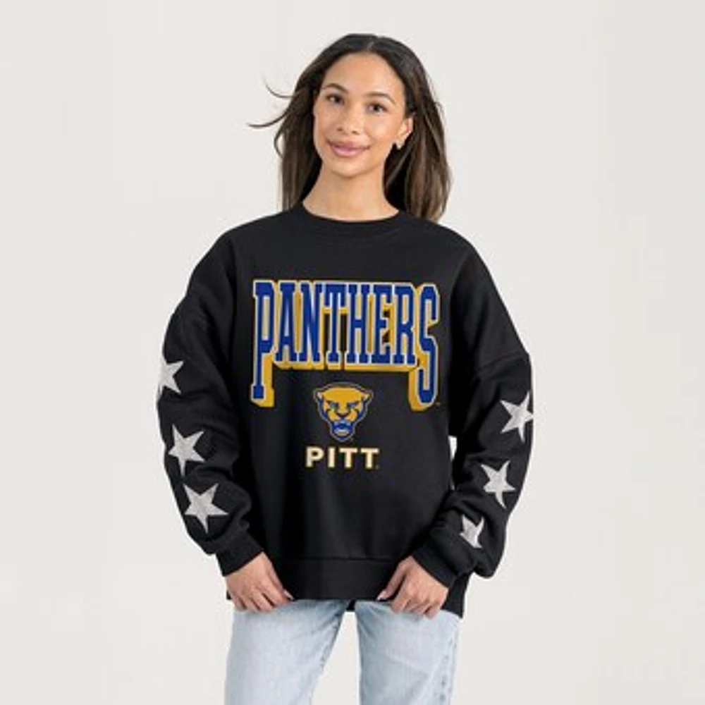 Women's Gameday Couture Black Pitt Panthers Pure Victory Relaxed Rhinestone Pullover Sweatshirt