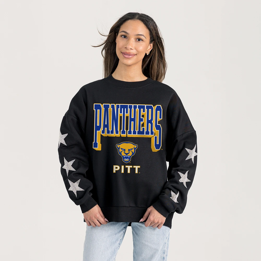 Women's Gameday Couture Black Pitt Panthers Pure Victory Relaxed Rhinestone Pullover Sweatshirt