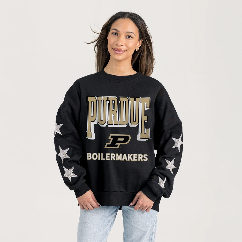 Women's Gameday Couture Black Purdue Boilermakers Pure Victory Relaxed Rhinestone Pullover Sweatshirt