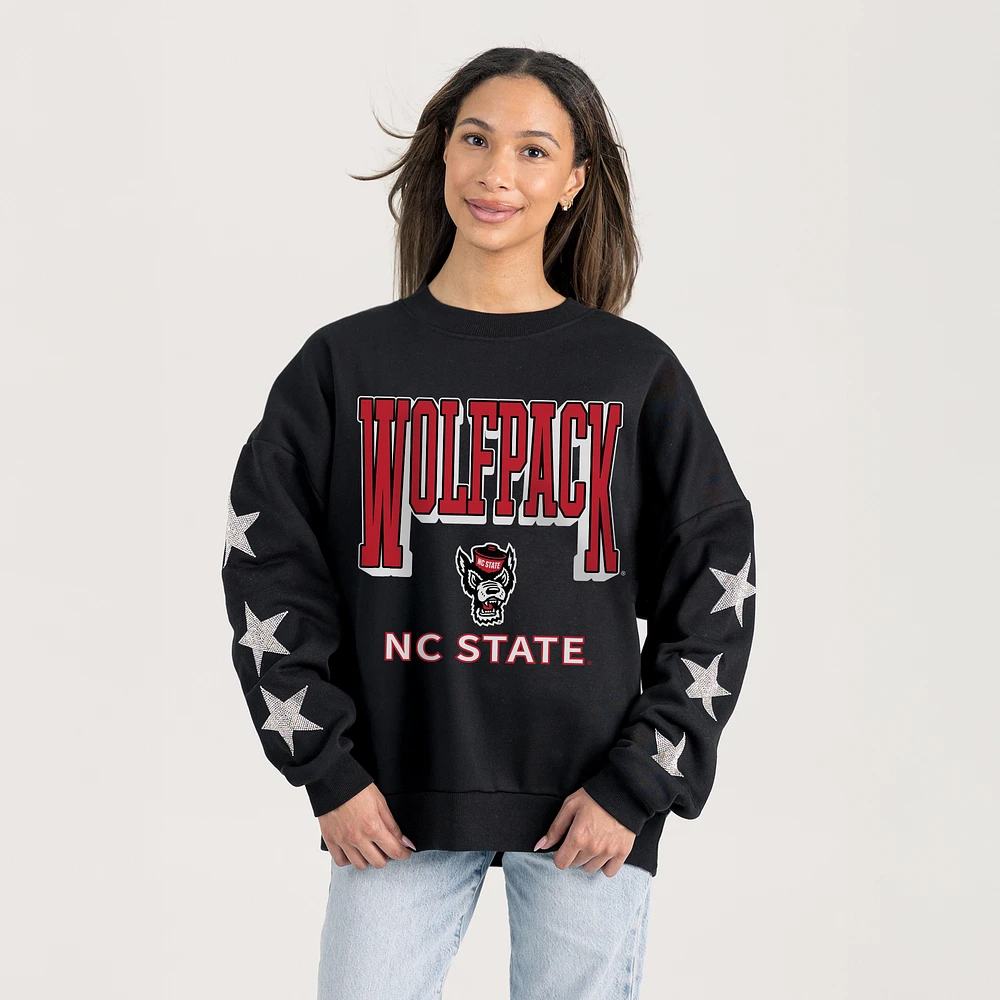 Women's Gameday Couture Black NC State Wolfpack Pure Victory Relaxed Rhinestone Pullover Sweatshirt