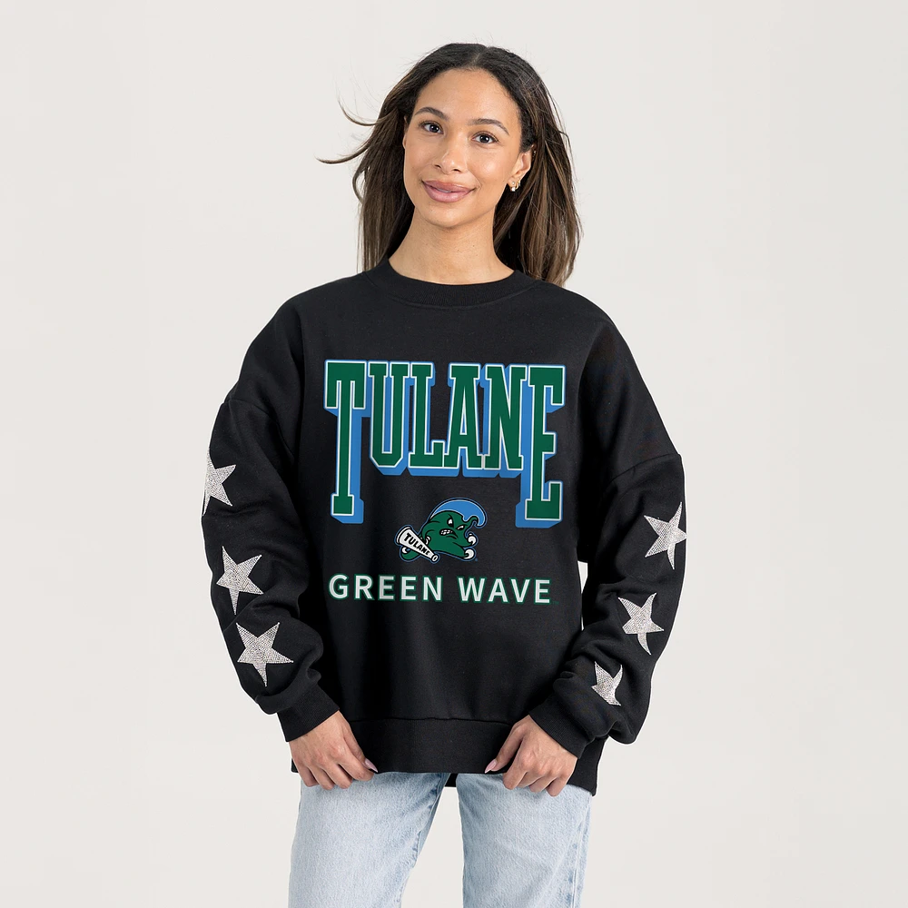 Women's Gameday Couture Black Tulane Green Wave Pure Victory Relaxed Rhinestone Pullover Sweatshirt