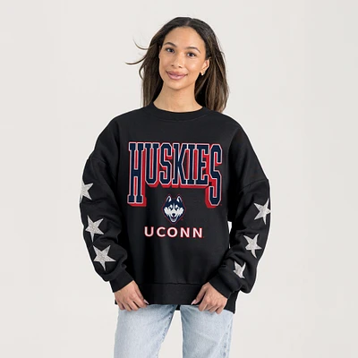 Women's Gameday Couture Black UConn Huskies Pure Victory Relaxed Rhinestone Pullover Sweatshirt