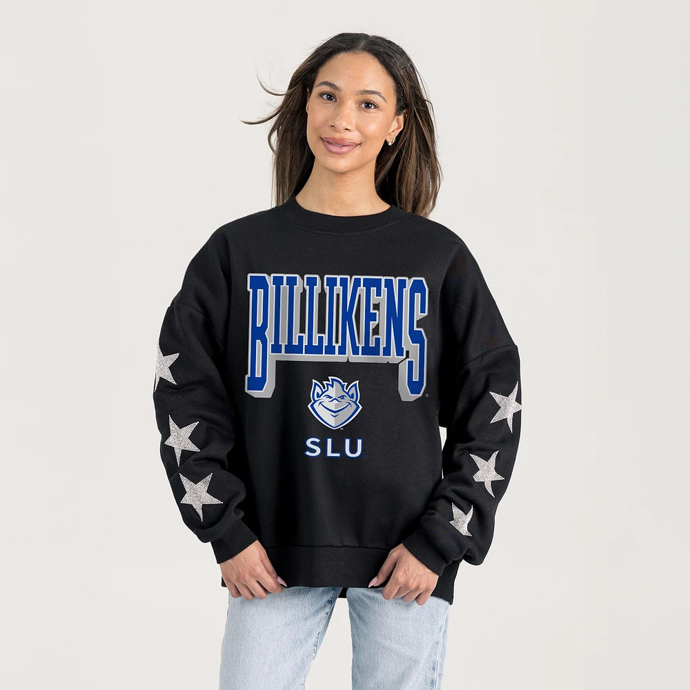 Women's Gameday Couture Black Saint Louis Billikens Pure Victory Relaxed Rhinestone Pullover Sweatshirt