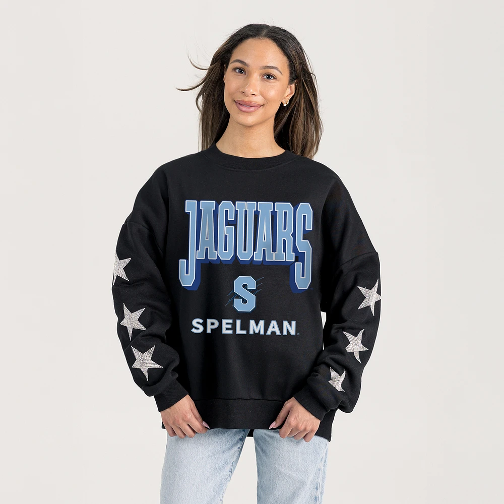 Women's Gameday Couture Black Spelman College Jaguars Pure Victory Relaxed Rhinestone Pullover Sweatshirt