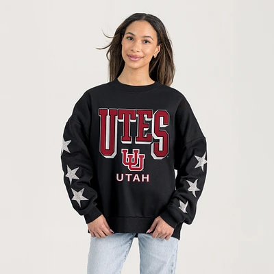 Women's Gameday Couture Black Utah Utes Pure Victory Relaxed Rhinestone Pullover Sweatshirt