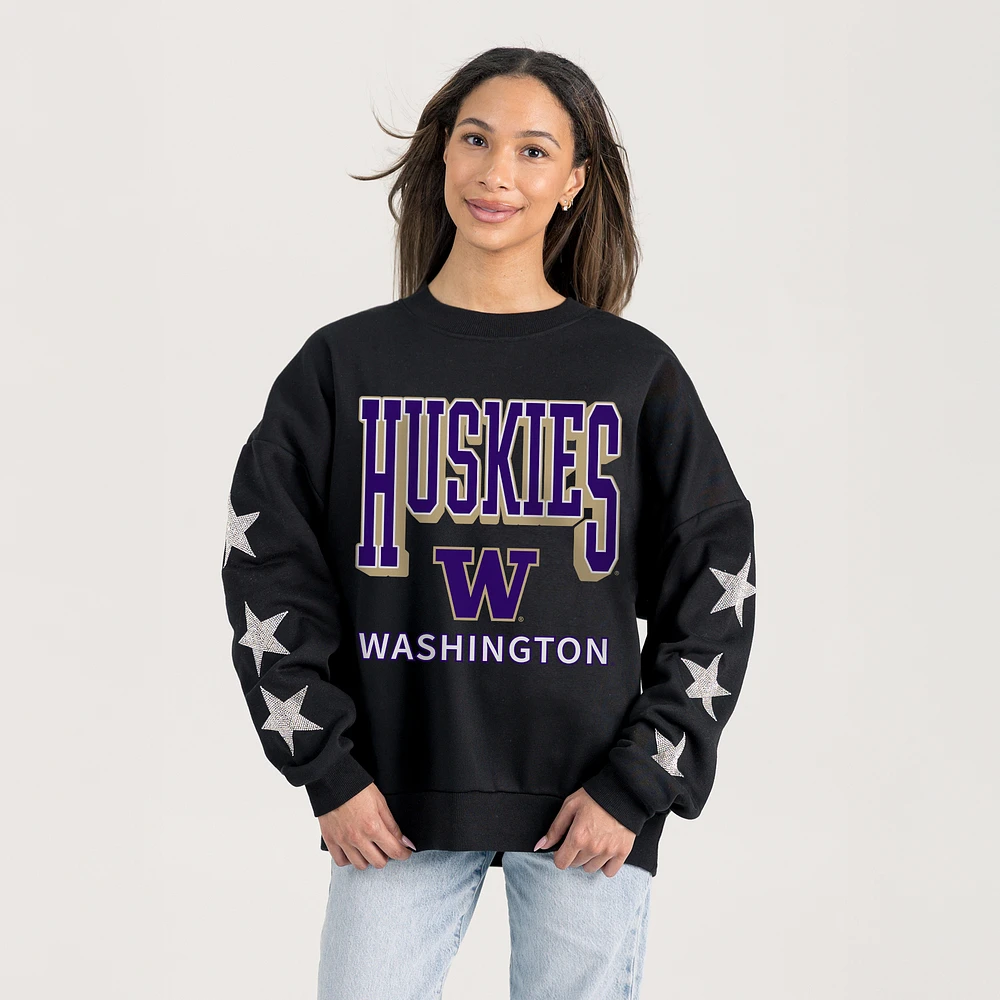 Women's Gameday Couture Black Washington Huskies Pure Victory Relaxed Rhinestone Pullover Sweatshirt