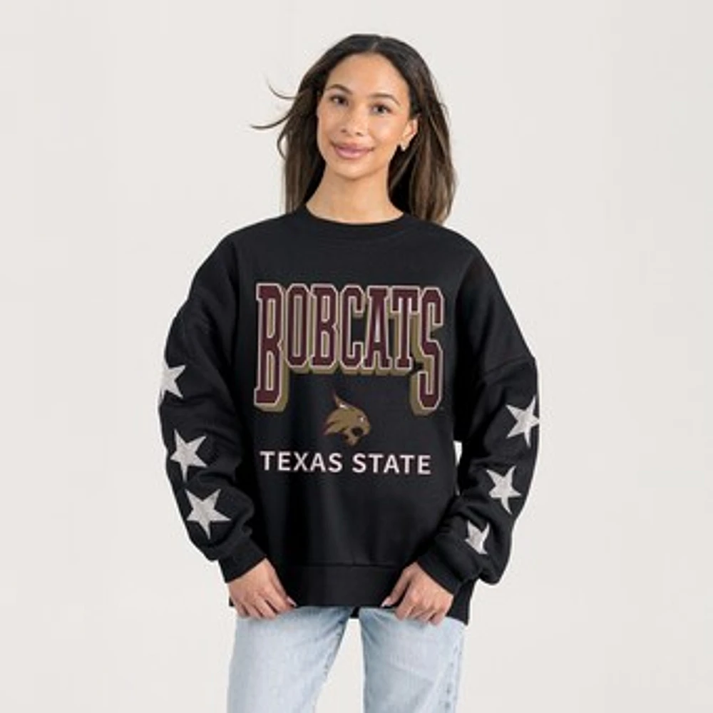 Women's Gameday Couture Black Texas State Bobcats Pure Victory Relaxed Rhinestone Pullover Sweatshirt