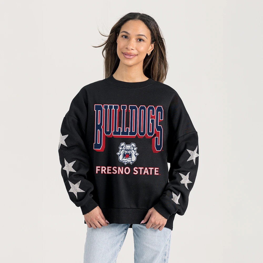 Women's Gameday Couture Black Fresno State Bulldogs Pure Victory Relaxed Rhinestone Pullover Sweatshirt
