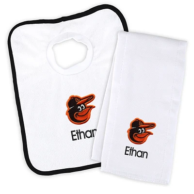 Newborn & Infant White Baltimore Orioles Personalized Bib & Burp Cloth Set