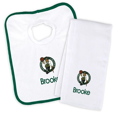 Newborn & Infant White Boston Celtics Personalized Bib & Burp Cloth Set