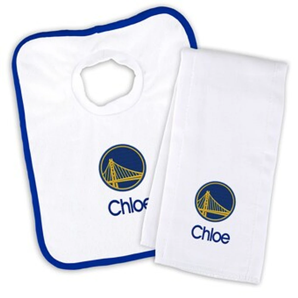Newborn & Infant White Golden State Warriors Personalized Bib & Burp Cloth Set