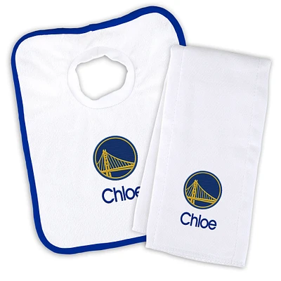 Newborn & Infant White Golden State Warriors Personalized Bib & Burp Cloth Set