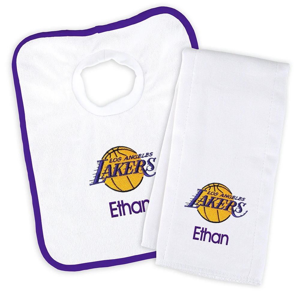 Newborn & Infant White Los Angeles Lakers Personalized Bib & Burp Cloth Set