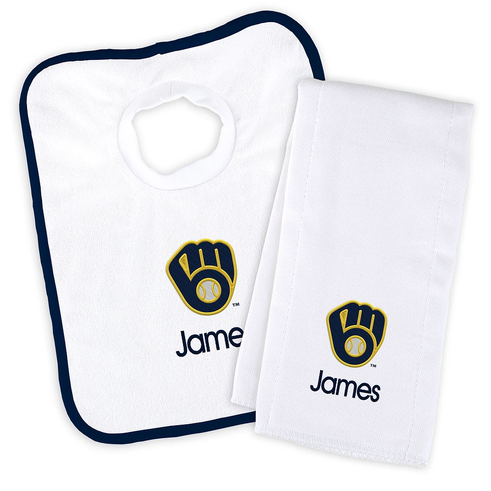 Newborn & Infant White Milwaukee Brewers Personalized Bib & Burp Cloth Set
