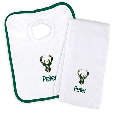 Newborn & Infant White Milwaukee Bucks Personalized Bib & Burp Cloth Set