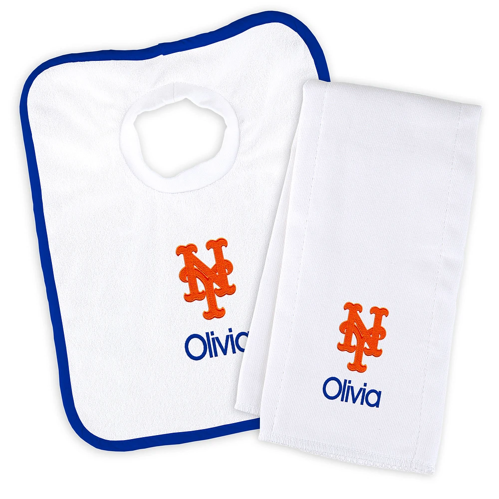 Newborn & Infant White New York Mets Personalized Bib & Burp Cloth Set