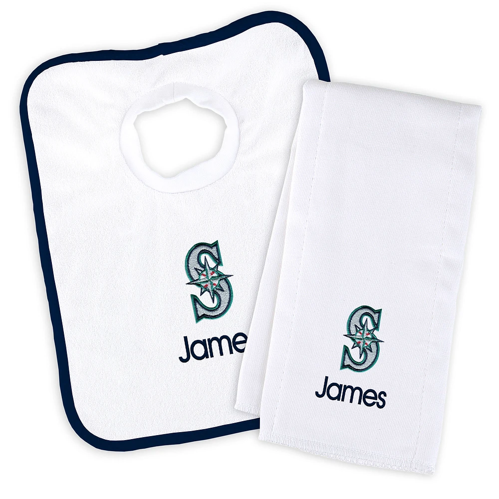 Newborn & Infant White Seattle Mariners Personalized Bib & Burp Cloth Set