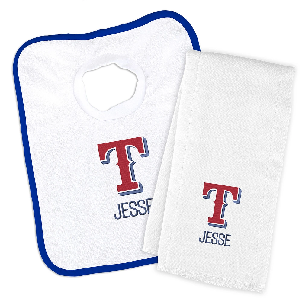Newborn & Infant White Texas Rangers Personalized Bib & Burp Cloth Set
