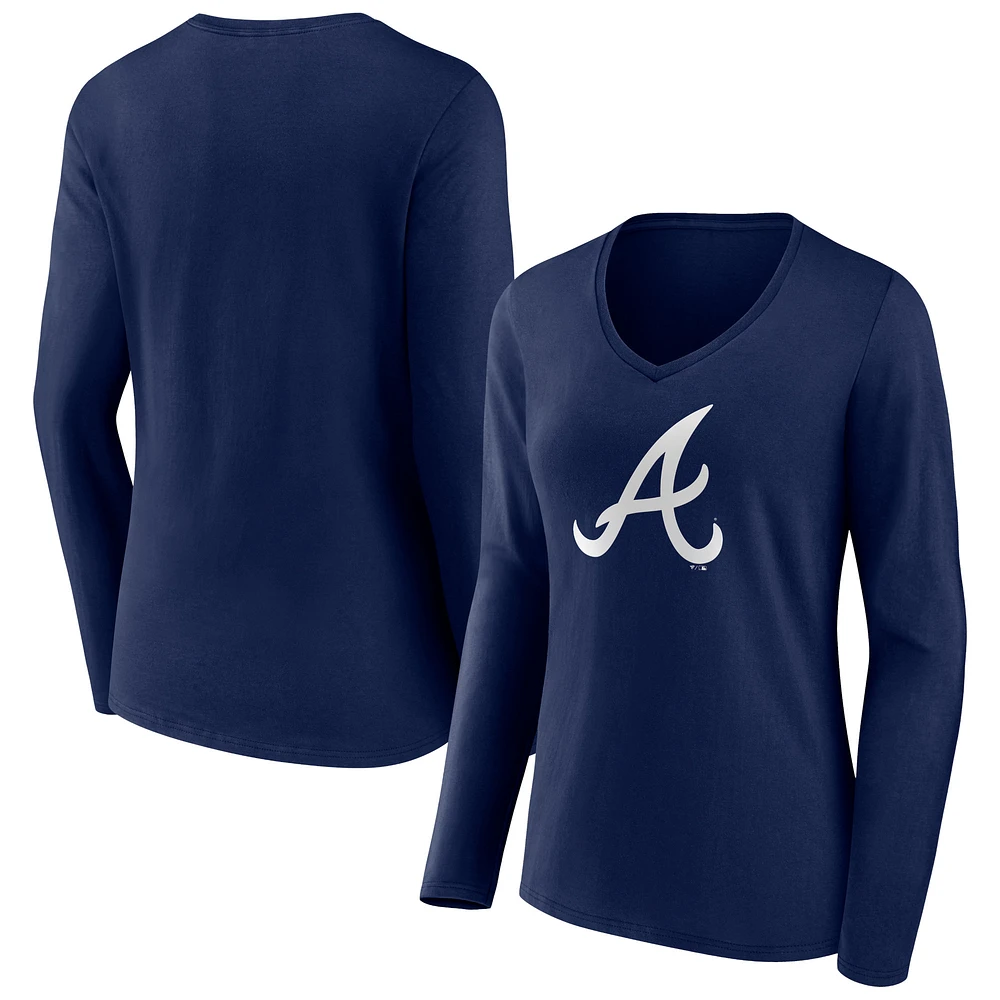 Women's Navy Atlanta Braves Team Color Primary Logo V-Neck Long Sleeve T-Shirt