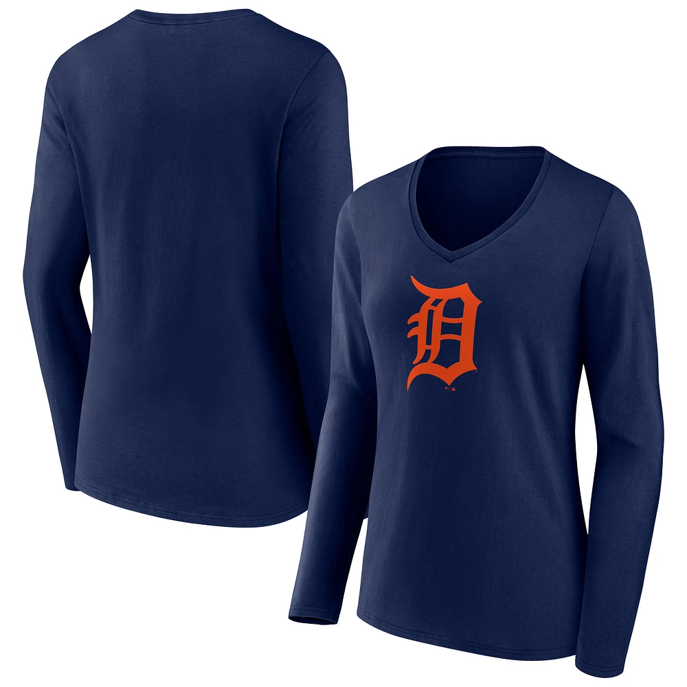 Women's Navy Detroit Tigers Team Color Primary Logo V-Neck Long Sleeve T-Shirt
