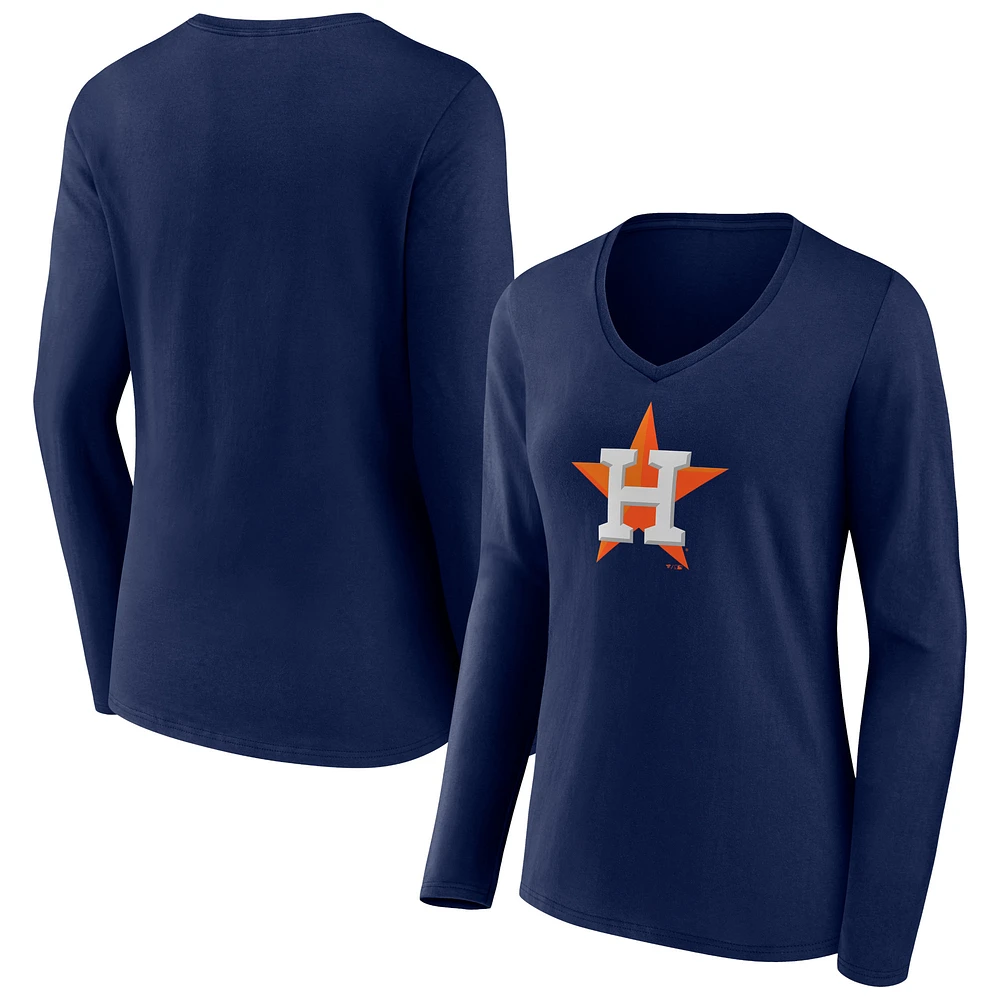 Women's Navy Houston Astros Team Color Primary Logo V-Neck Long Sleeve T-Shirt