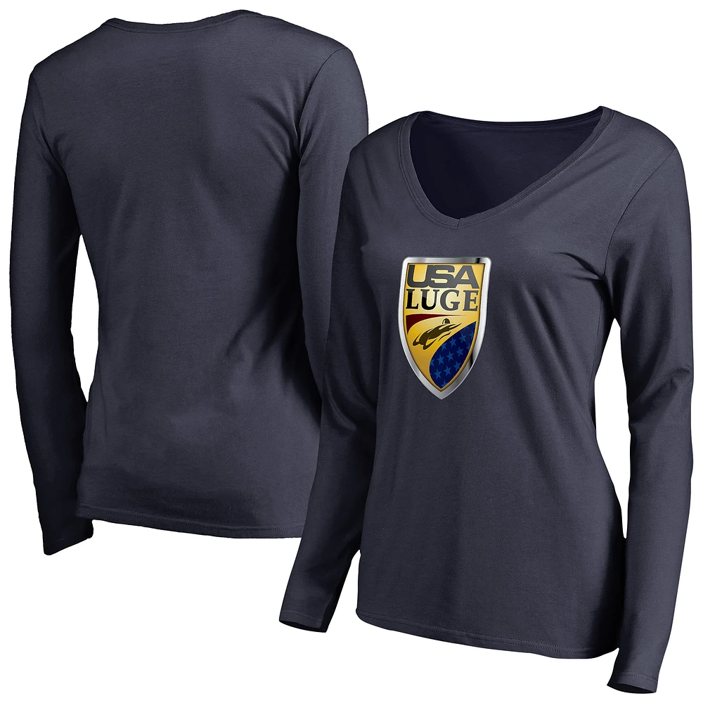 Women's Navy USA Luge Primary Logo Long Sleeve V-Neck T-Shirt