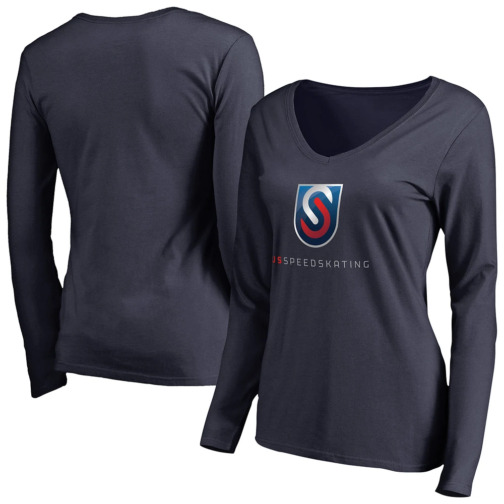Women's Navy US Speedskating Primary Logo Long Sleeve V-Neck T-Shirt