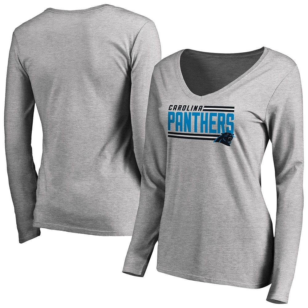 Women's Ash Carolina Panthers Iconic Collection On Side Stripe Long Sleeve V-Neck T-Shirt