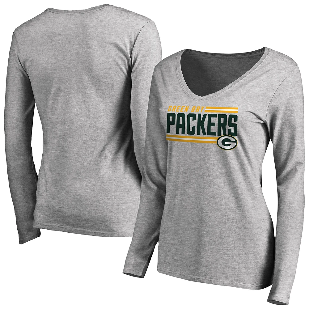 Women's Ash Green Bay Packers Iconic Collection On Side Stripe Long Sleeve V-Neck T-Shirt