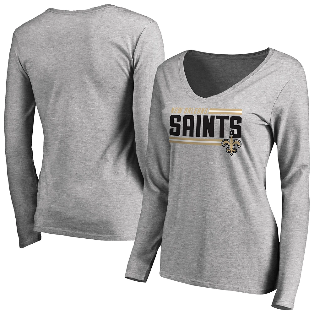 Women's Ash New Orleans Saints Iconic Collection On Side Stripe Long Sleeve V-Neck T-Shirt
