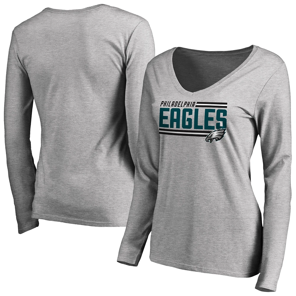 Women's Ash Philadelphia Eagles Iconic Collection On Side Stripe Long Sleeve V-Neck T-Shirt