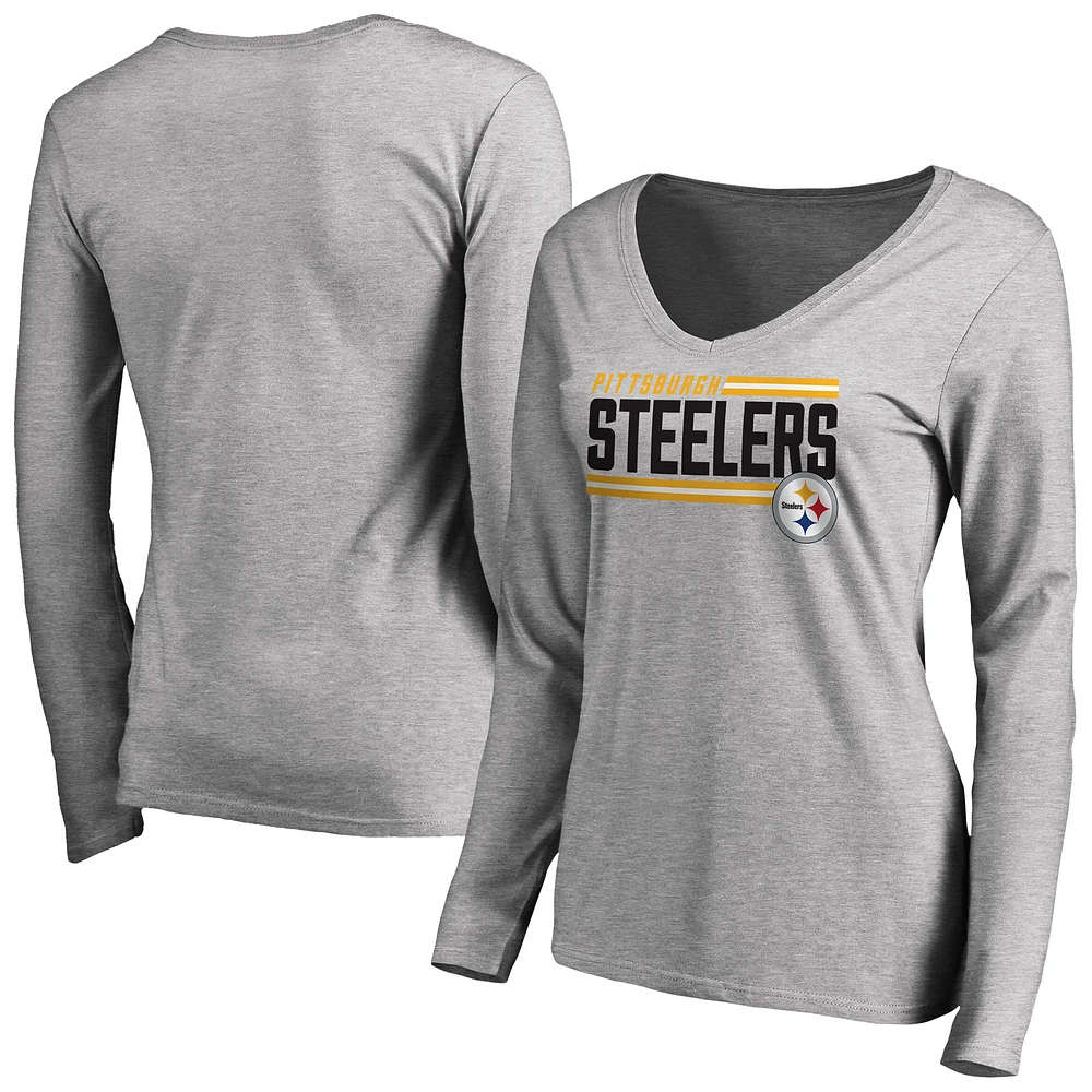 Women's Ash Pittsburgh Steelers Iconic Collection On Side Stripe Long Sleeve V-Neck T-Shirt