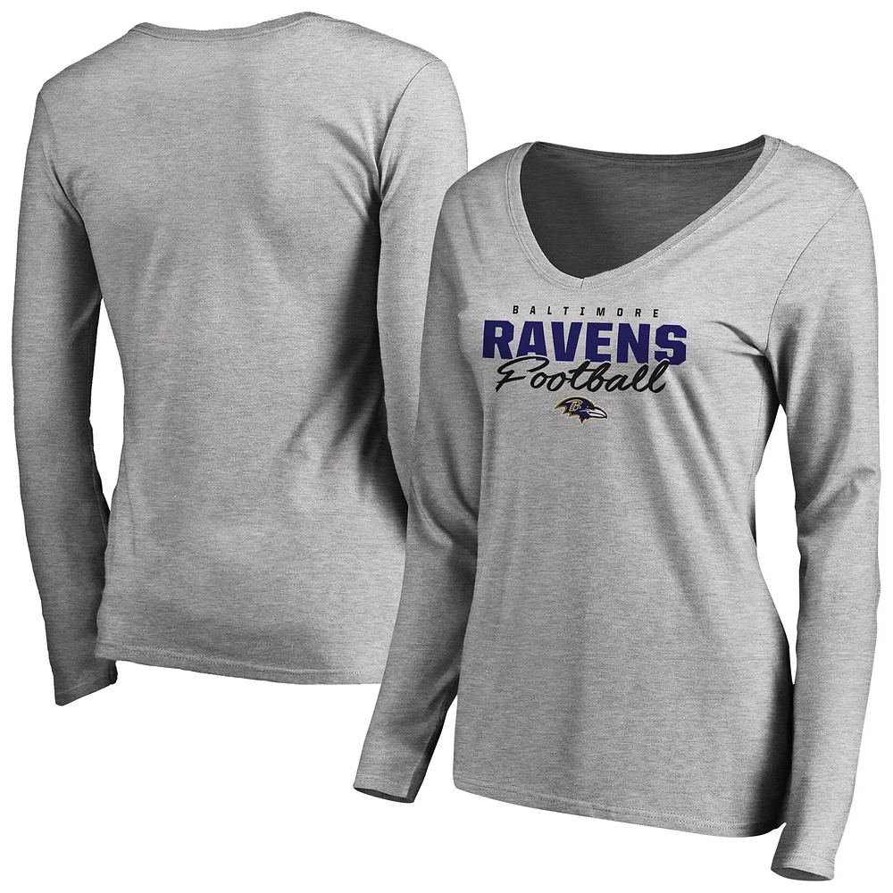 Women's Ash Baltimore Ravens Iconic Collection Script Assist Long Sleeve V-Neck T-Shirt
